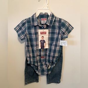 NWT - Adorable 9 months outfit - jeans + collared, plaid, button up onesie.